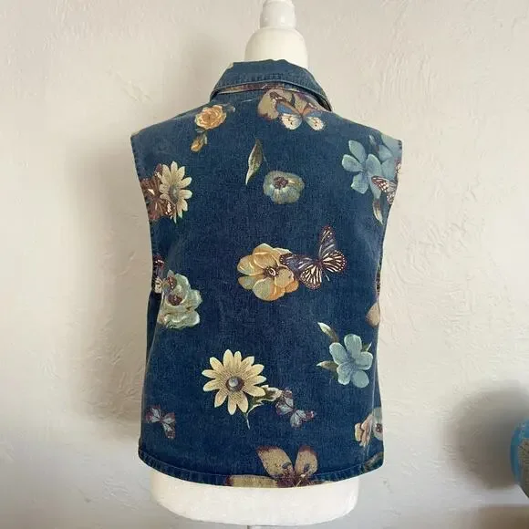 VTG Women's M All Over Butterfly Floral Print Festival Denim Vest Made in USA - Picture 3 of 10